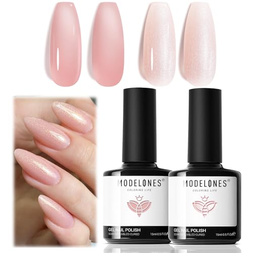 modelones Gel Nail Polish Set 2 Pcs 15 ML Nude Pink Translucent Sheer Glitter Shimmer French Base Kit Gel Polish Soak Off LED For Nail Art DIY Manicure Art Home For Women Girls