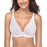 Wingslove Spitzen-BH für Damen, ungefüttert, sexy, durchsichtig, tiefer V-Ausschnitt, Bralette, Bügel-BH, Weiß (1), 75DD