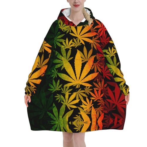 Oversized Flannel Wearable Blanket Hoodie For Adult Rasta-Canabis-Weed-Leaf Soft Fuzzy Hooded Lounging Pullover