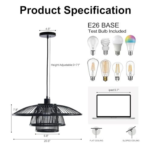Image of Pendant Light, Bamboo Boho Hanging Light with Adjustable Height