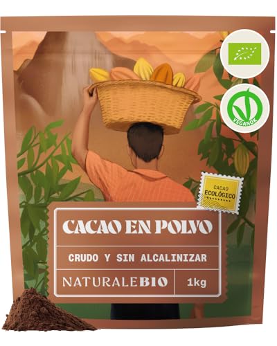 NaturaleBio Cacao Ecológico en Polvo 1kg. Organic Powder. Bio, Natural y Puro producido a Partir de Granos Crudos de la Planta Theobroma. Sin Azúcares Añadidos. Testado para Metales Pesados.
