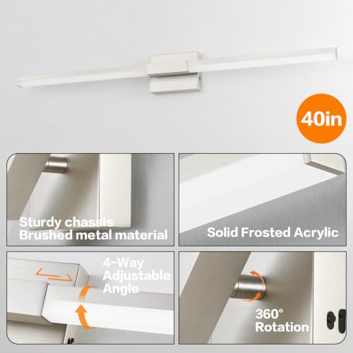 Image of SOLFART Bathroom Light Fixture 40-Inch: Brushed Nickel Dimmable Vanity Lights for Bathroom, Built-in Dimmer, Thickened Aluminum Body, 360 Degree Rotation, ETL IP44