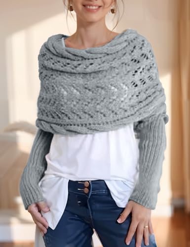 Womens Knitted Cable Wrap Shrug Sweater with Sleeves Crochet Shawl Scarf Cardigan Sweaters for Women Lightweight Wrap2