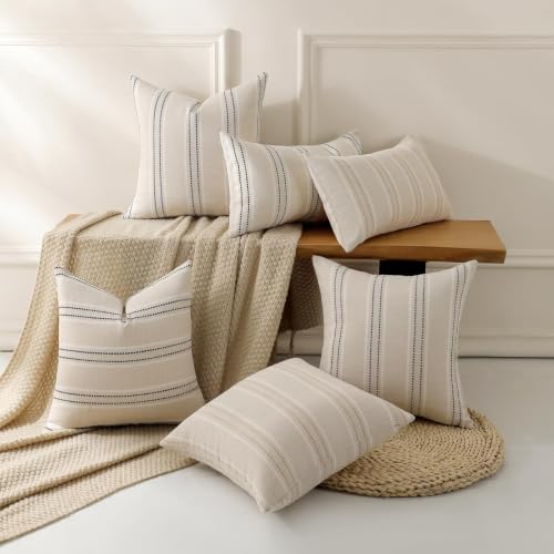 Image of Hckot Stripe Throw Pillow Covers 26x26 Large Square Grey Pillow Covers | Farmhouse Decorative Pillows Textured Linen Euro Sham Cushion Covers for Sofa Couch Bed Living Room Decor