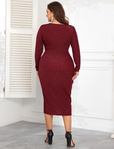Image of ZOMVA Plus Size 0X-4X Sparkly Glitter Ruched Bodycon Midi Dress Sparkle Sequin Wrap Ruffle Sleeve Dress Cocktail Party Formal