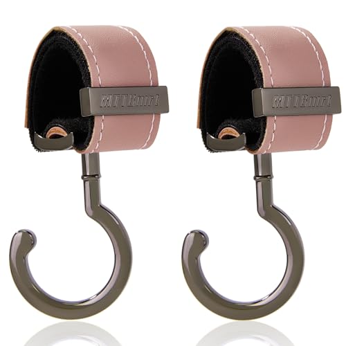 ベビーカーフック2個パック、強力な合成皮革製面ファスナー&高品質メタルフック、ユニバーサルバッグクリップ|360°回転、66ポンド容量、滑り止めフィット車椅子