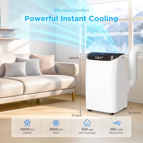 Image of 12,000 BTU Portable Air Conditioner Cools Up to 500 Sq.Ft, 3-IN-1 Energy Efficient Portable AC Unit with Remote Control & Installation Kits for Large Room, Campervan, Office, Temporary Space
