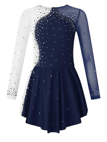 Nyeemya Vestido Patinaje Artistico sobre Hielo para Niñas Brillantes Maillot Danza de Manga Larga Leotardo Ballet Maillot de Gimnasia Rítmica con Falda Azul Marino 11-12 años