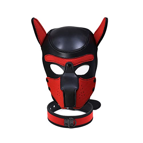 Mascarilla para perros con cuello, Mascarilla de látex suave Petplay con orejas para cachorros, Mascarillas para perros, boca extraíble, adecuada para Halloween, fiesta de vacaciones (L, rojo)