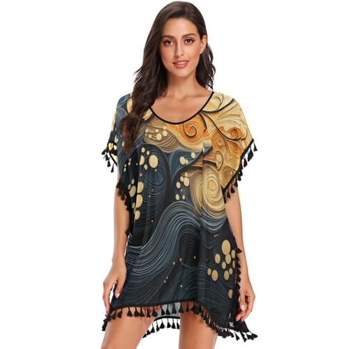 Abstract Art Sea Wave Women's Beach Cover Up Chiffon Tassel Swimwear Swimsuit Coverups for Girl