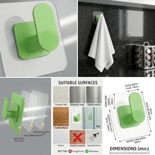 Image of ELMVIA Self Adhesive Hooks /Wall Hangings Hook /Waterproof Hooks for Wall Without Drilling Heavy Duty Bathroom Kitchen Towel Wall Hooks for Hanging Strong Coat (4, Green Nail Hook)