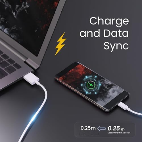 Image of USB to Type C Fast Charging Cable 0.25m Short Cable for Power Bank, High-Speed Data Sync, Compact Travel Charging Cord for Android Smartphones & USB-C Devices, White Colour