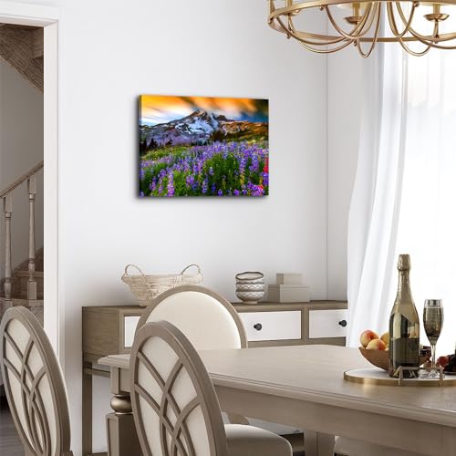 Image of Mt Rainier Mountain Wall Art Sunset Nature Picture Canvas Prints for Living Room Modern Office Home Decor Natural Poster Purple Wildflower Scenic Painting Wilderness Artwork Bedroom Decoration 12x16 inch