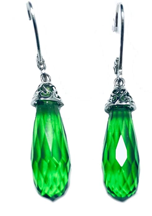 E4591G Filigree Briolette Cut Mt St Helens Green Helenite Sterling Silver Dangling Earrings