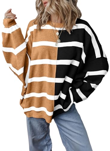 Image of EVALESS Womens Striped Sweaters Long Sleeve Cable Knitted Color Block Casual Loose Lightweight Oversized Sweaters Pullover