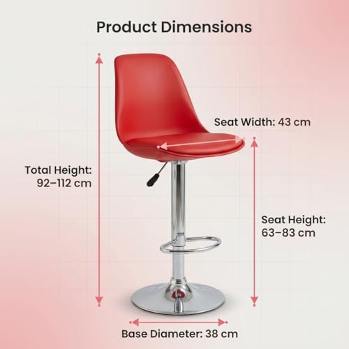Image of activa Rapid Bar Stool Chair with Height Adjustable Design, Padded Seat & Footrest | Modern Metal Counter Stool for Kitchen, Home, Bar & Cafe Seating | Durable Comfort Chair (Red, Set 1)