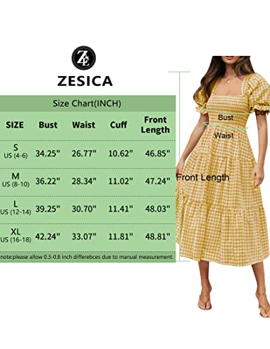 Image of ZESICA Women's 2026 Boho Summer Dresses Gingham Puff Sleeve Square Neck Flowy Beach Midi Dress