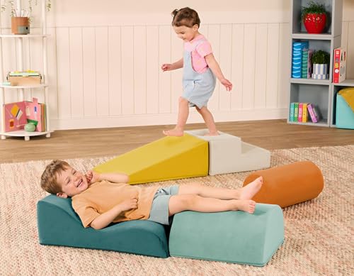 Image of B. toys Sensory Foam Shapes, WonderShapes 5-Piece Indoor Soft Play | Includes stair, ramp, cylinder, wavy ramp, and half-cylinder with removable machine-washable covers for indoor, 12+ Months
