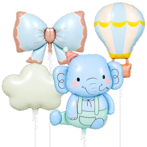 Image of Rozi Decoration Elephant Foil Balloons 4 Pcs Set for Birthday Decoration, Blue Elephant, Bow, Hot Air Balloon and Cloud Foil Balloons for Kids Party
