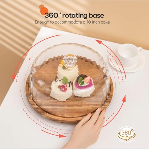 cutesun acacia wood cake stand with lid, 11.8'' Rotating Cake Stand with Dome, Shaterproof 10.4'' Acrylic Cake Display Cover, Cake Holder Tray for Wedding Gift,Kitchen,Birthday,Parties,Baking Gifts - Image 3