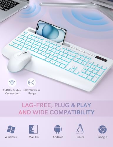 Image of Trueque Wireless Keyboard and Mouse Combo, 4000mAh Rechargeable Backlit Keyboard with Wrist Rest & Phone Holder, Full Size Quiet Typing 2.4G USB-A /Type-C for PC Laptop Windows Mac (Cloud White)