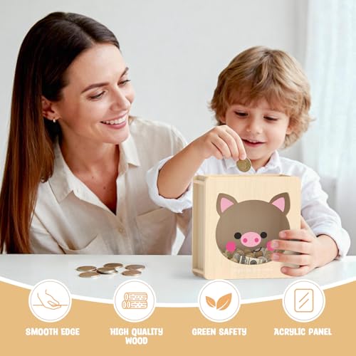 Image of Summidate Wooden Money Saving Box, Clear Window Cash Vault Savings Box with DIY Stickers, Reusable Personalized Piggy Bank for Kids & Adults, Birthday /Baby Shower /Wedding Gift