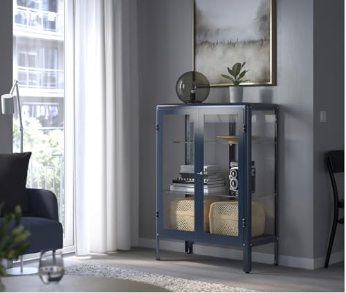 Image of FABRIKOR Glass-door cabinet, black-blue, 81x113 cm (31 7 /8x44 1 /2 inch)