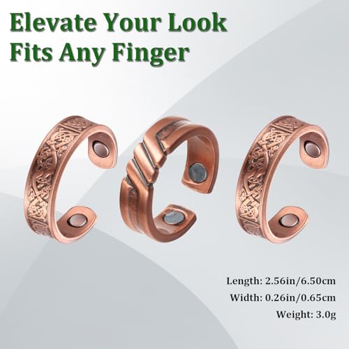 3 Copper Rings for Men, 99.99% Solid Pure Copper, 3pcs 3500 Gauss #9 Rings Vintage Pattern Adjustable Cuff Ring4