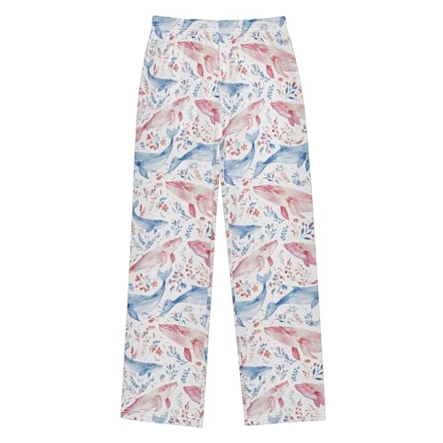 Pink Blue Whale Pattern Pajama Pants Lounge Sleep Pants Elastic Waist Long Pajama Bottoms with Pockets for 6-14 Years