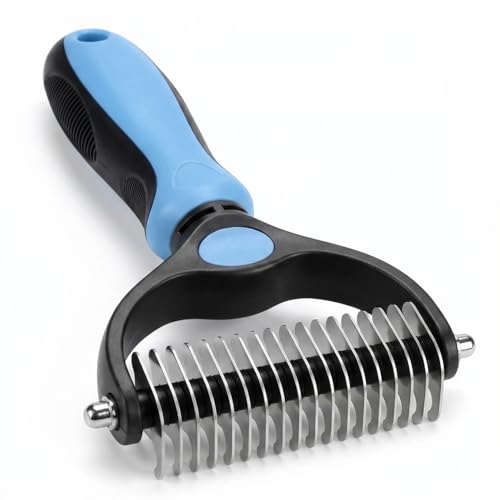 Undercoat Rake for Dogs Cats Styling comb Dematting Comb with Extra Wide Double-Sided Stainless Steel Teeth for Detangling Deshedding Brushing Thinning Removing Shed Fur Knots Mats and Tangles