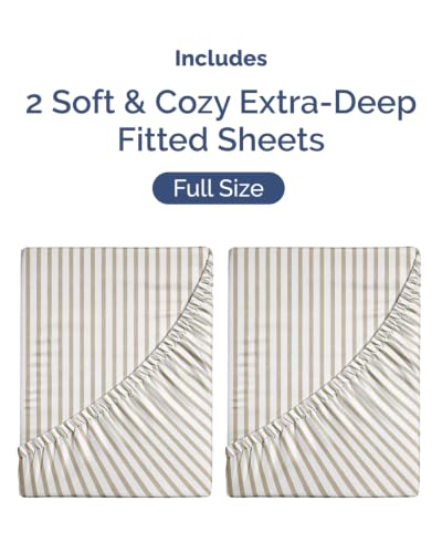 Image of CGK Linens 2 Pack Extra Deep Full Fitted Sheets - Beige Stripes