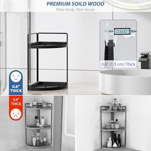 Image of Corner Bathroom Counter Organizer, 2 Tier Wood Vanity Storage, Waterproof Skincare Shelf for Kitchen & Toiletries Decor, Dresser (Black-2 Tier)