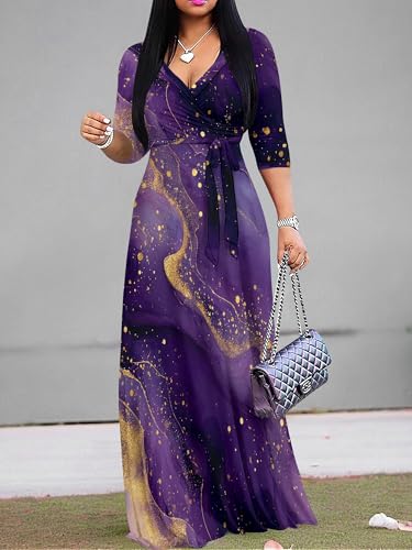 Image of Plus Size Dresses for Women Print Maxi Dresses 3 /4 Sleeve with Belt