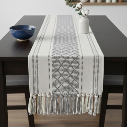 Image of Curated Cart Boho Table Runner 13x70 Inch with Tassels - Cotton Table Runner for 6 Seater Dining Table, Centre Table Runner for Living Room, Farmhouse Dining Table Decor (Grey)