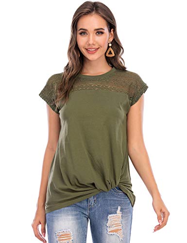 LUSMAY Womens Casual Short Sleeve Lace T Shirts Loose Twist Knot Front Blouse Tops Army Green
