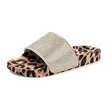 FUNKYMONKEY Women's Slides Rhinestone Glitter Slip On Footbed Platform Sandals (9 M US, Brown Leopard)