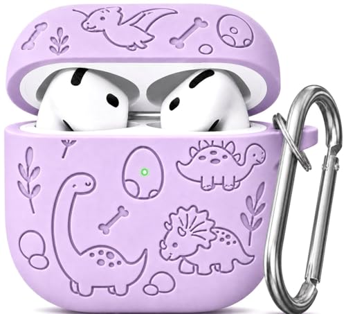 Image of Emoh Roced Case for Airpod 4 with Keychain,Silicone Dinosaur Engraved Cases Compatible with Apple AirPods 4th Generation 2024, Anti-Scratch, Protective Case Cover (Lavender, for AirPods 4)