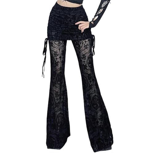 Insdark Vintage Bell Bottom Lace Pants Woman Goth Sheer Mesh Drawstring Loose Flared Wide Leg Lounge See Through Punk Western Gothic Alt Rave Y2k Steampunk Hippy Flare Baggy Going Out Comfy, Black