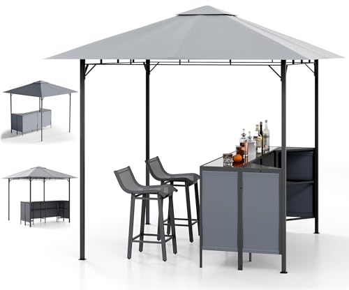 RELAX4LIFE Tonnelle avec Comptoir et 2 Tabourets | Tonnelle de Jardin Extérieur | Bar Exterieur Jardin | Rangement | Porte-Verres | Double Toit | Crochets | Abri Réception pour Terrasse, Fête