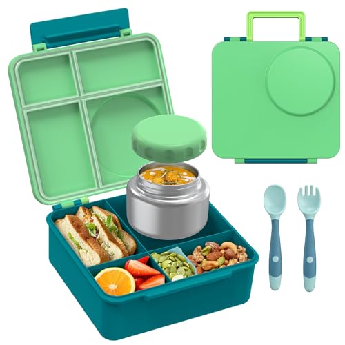 Bento Lunch Box Set for Kids with 8oz Soup Thermo, Leak-Proof Lunch Containers with 4 Compartment, Thermo Hot Insulated Food Jar and Foldable Fork Spoon, for Kids to School (Greener)