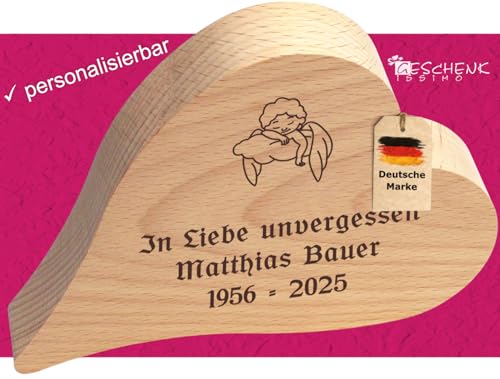 Geschenkissimo Trauerherz mit Spruch, Grabschmuck frei personalisierbar aus Holz, Buche - Herz zur Trauer, Grabherz für Beerdigung, Urnenbeisetzung, Trostspender und Trauergeschenk