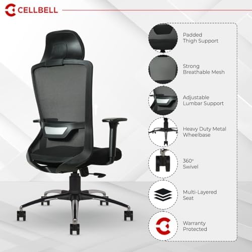 Image of CELLBELL Rio Office Chair High Back Mesh Ergonomic Backrest Design with Tilt Mechanism, Computer, Desk Chair, Work from Home Chair with Built-in Lumbar Support & Armrest Smooth Glide, Black