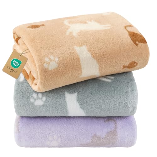 Luciphia 1 Pack 3 Blankets, Cute Cat Printed Fluffy Fleece Pet Blanket for Dogs Cats Washable, Warm Soft Throw Cover for Crate Couch, Gifts Puppy Essentials,Purple/Grey/Khaki, Small (23x16 inch)