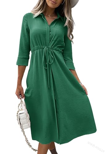 Image of Febriajuce Women's 3 /4 Sleeve Midi Dress Casual Drawstring Belted Round Neck Plain Tie Waist Loose High Waist Long Dress