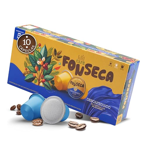 FONSECA Cápsulas Café Descafeinado Compatibles con Nespresso, Pack de 10 Cápsulas Nespresso de Café 100% Robusto con Matiz de Frutos Secos, Tueste Medio, Intensidad 5 Producido en Portugal