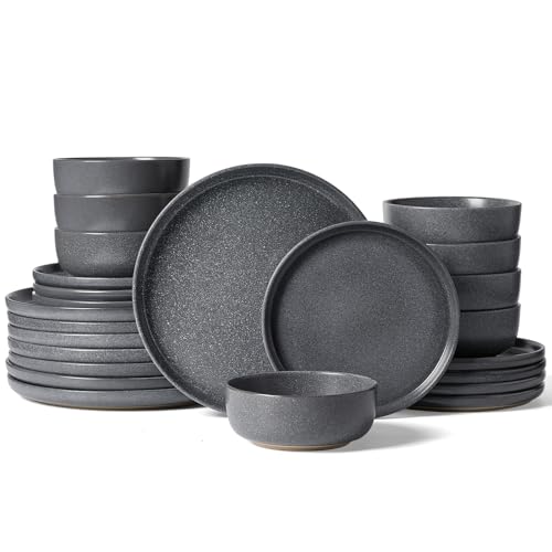 Image of Famiware Milkyway Plates and Bowls Sets, 24 Pieces Dinnerware Sets, Reactive Glaze Dish Set, Stoneware Dishes Set for 8, Matte Dark Charcoal