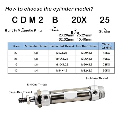 Cilindro de doble acción resistente CDM2B20 con vástago de acero inoxidable y carrera 25mm 3