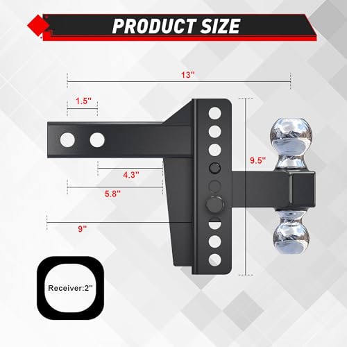 Image of TYT Adjustable Truck Trailer Hitch for 2 inch Receiver, 6 inch Drop /Rise,2 inch & 2-5 /16 inch Ball,Includes Two Pin Locks & Hitch Tightener