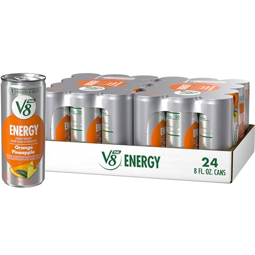 Image of V8 +ENERGY Orange Pineapple Energy Drink, Made with Real Vegetable and Fruit Juices, 8 FL OZ Can (2 Packs of 12 Cans)