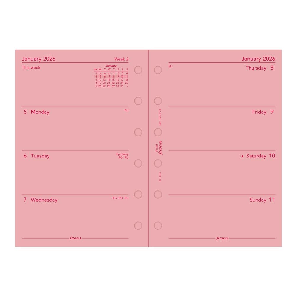 Filofax Recharge pour agenda 2026 format de poche, semainier, papier rose, non ligné, anglais, 2026 (C68278-26)